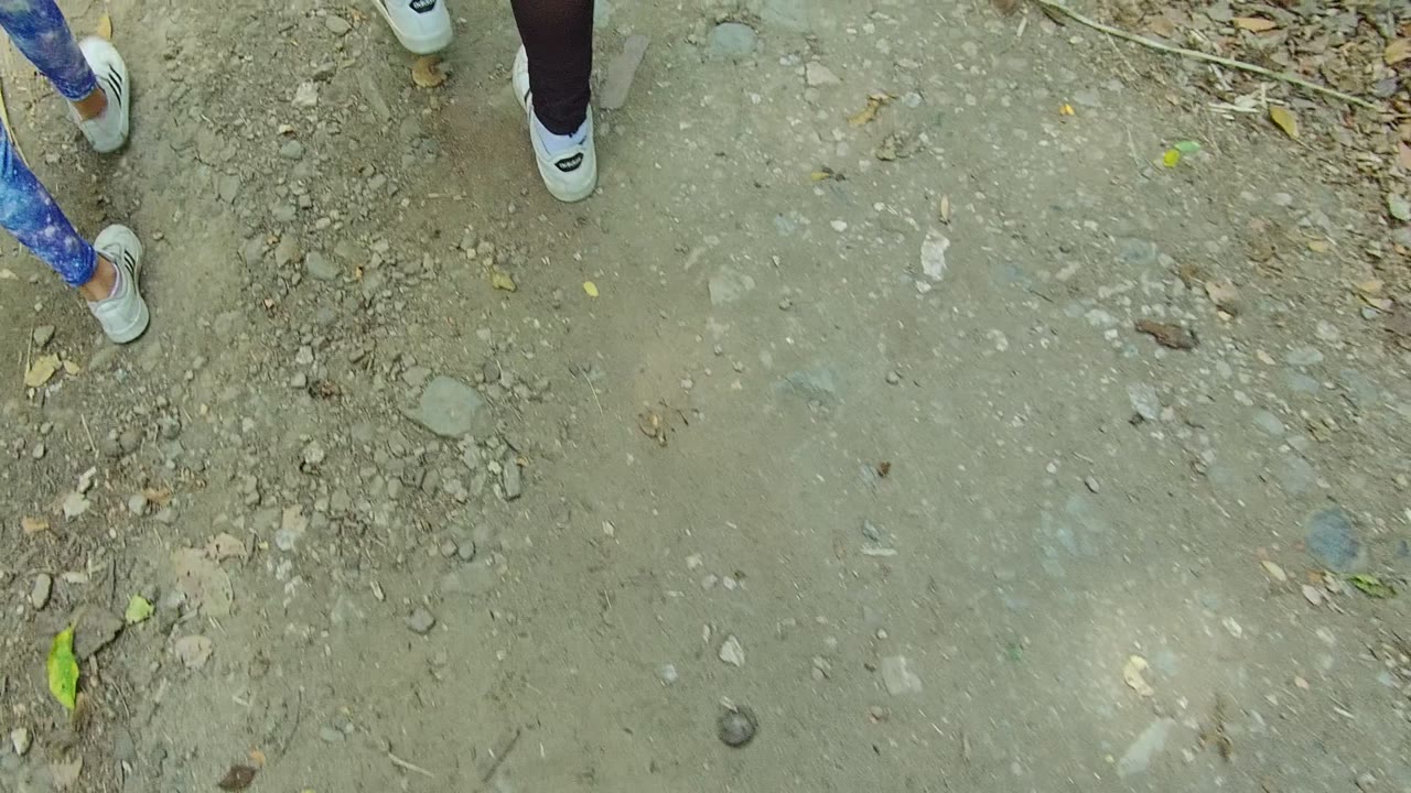 Low view of walkers' legs and shoes on a rocky dirt trail in San Pancho, Nayarit, with dry leaves scattered across the path.