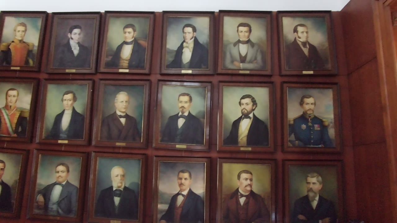 Rows of formal male portraits on a wood-paneled wall.