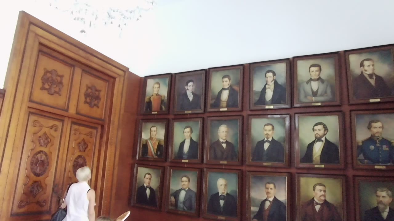 At 0:02 in Guadalajara, Mexico, the camera view opens onto multiple rows of dark-framed portraits, with warm wood paneling and the visitor partly cropped along the lower edge.