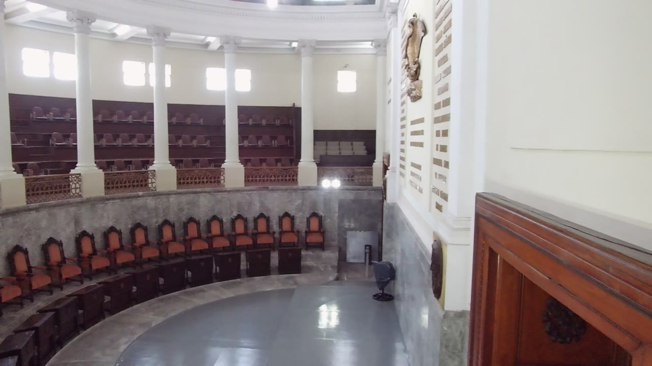 Assembly hall balcony and curved seating from above