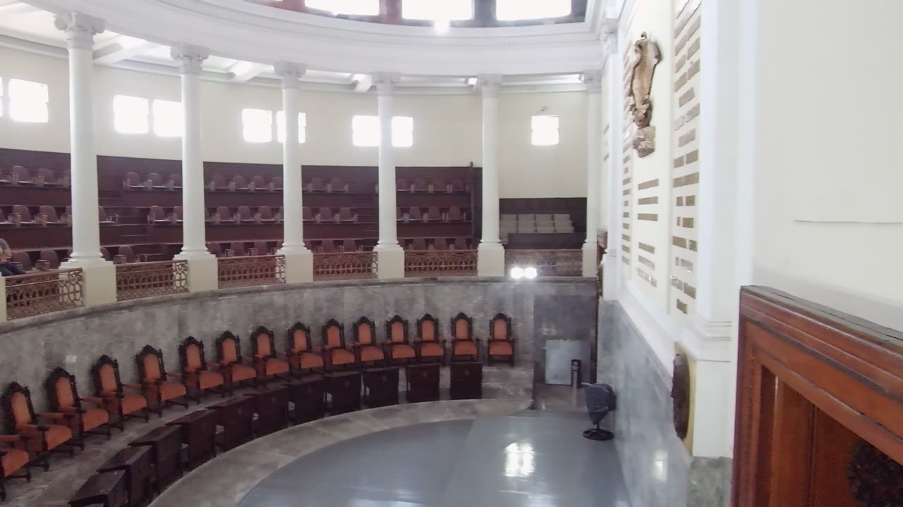 Empty chamber seating beneath upper gallery shelves