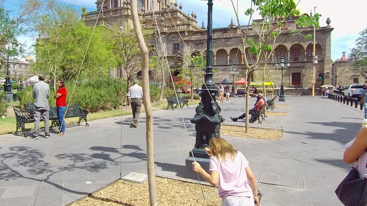 People walk and sit in a sunny square with trees and a historic facade.