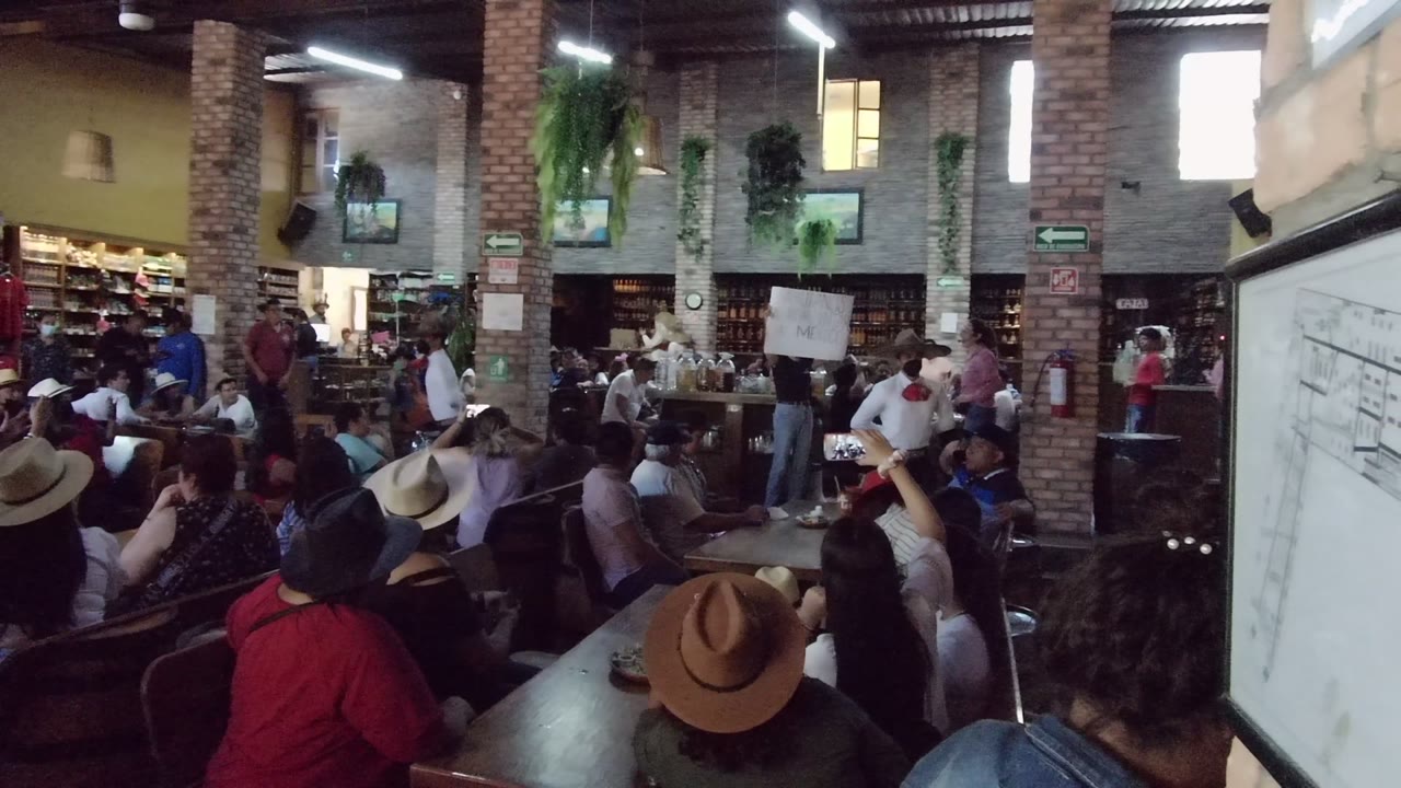 A workshop group sits at tables in Tequila, Jalisco, Mexico, with hats in the foreground, brick columns, hanging plants, shelves, and a presenter area near a whiteboard.