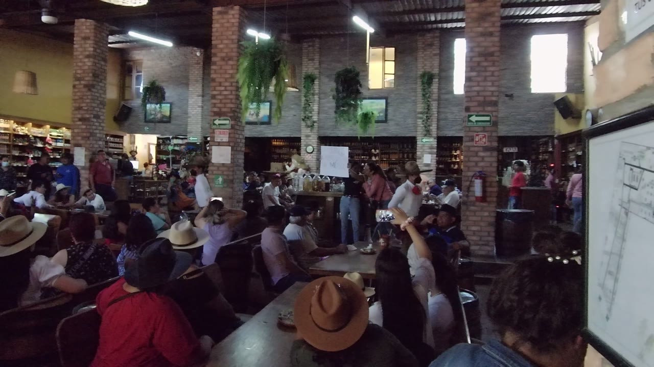 A wide view of the Tequila, Jalisco workshop shows people seated in rows and at tables, a large whiteboard at the right edge, brick pillars, shelves, and plants in the background.