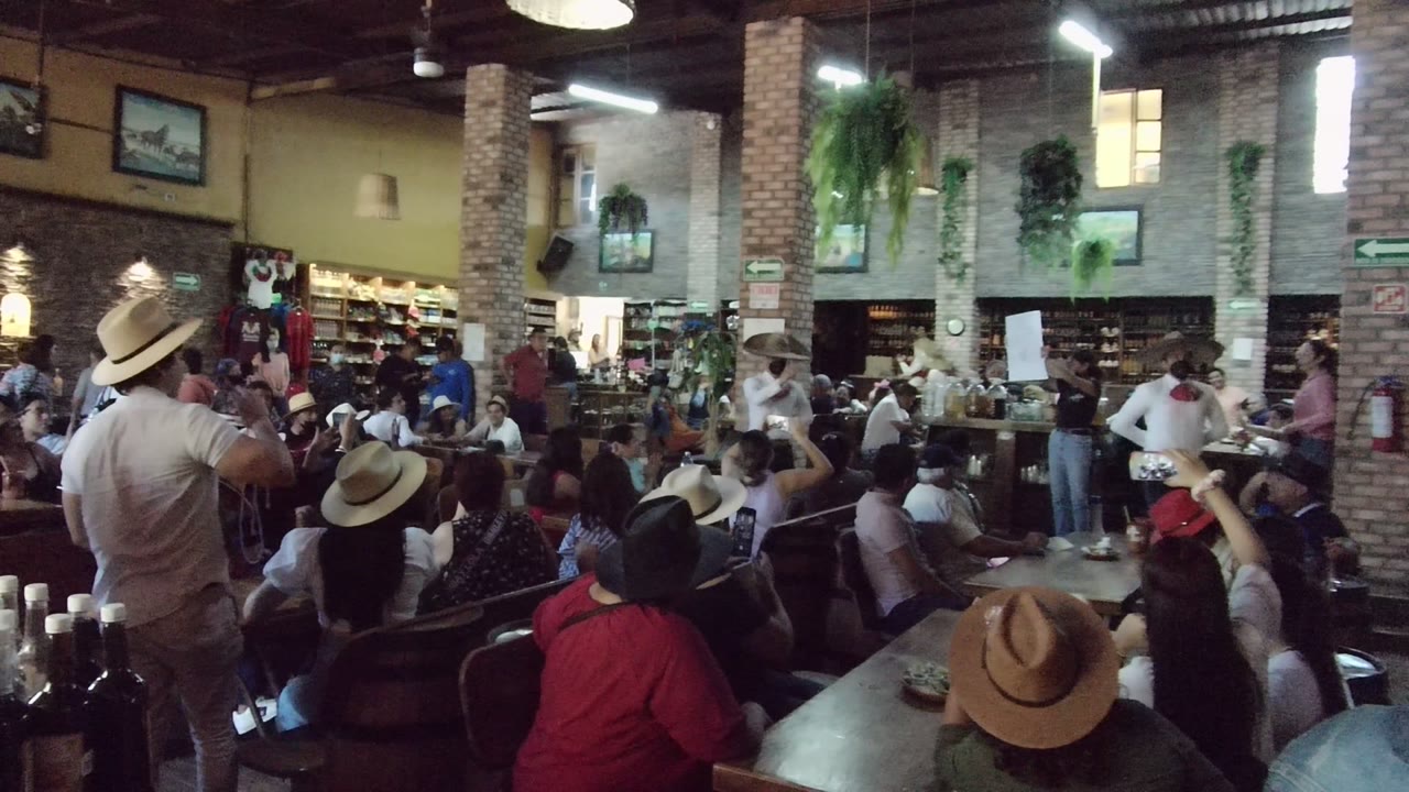 Wide rear view of people attending a workshop in Tequila, Jalisco, with seated attendees in hats, brick columns, hanging plants, and a speaker near a whiteboard.