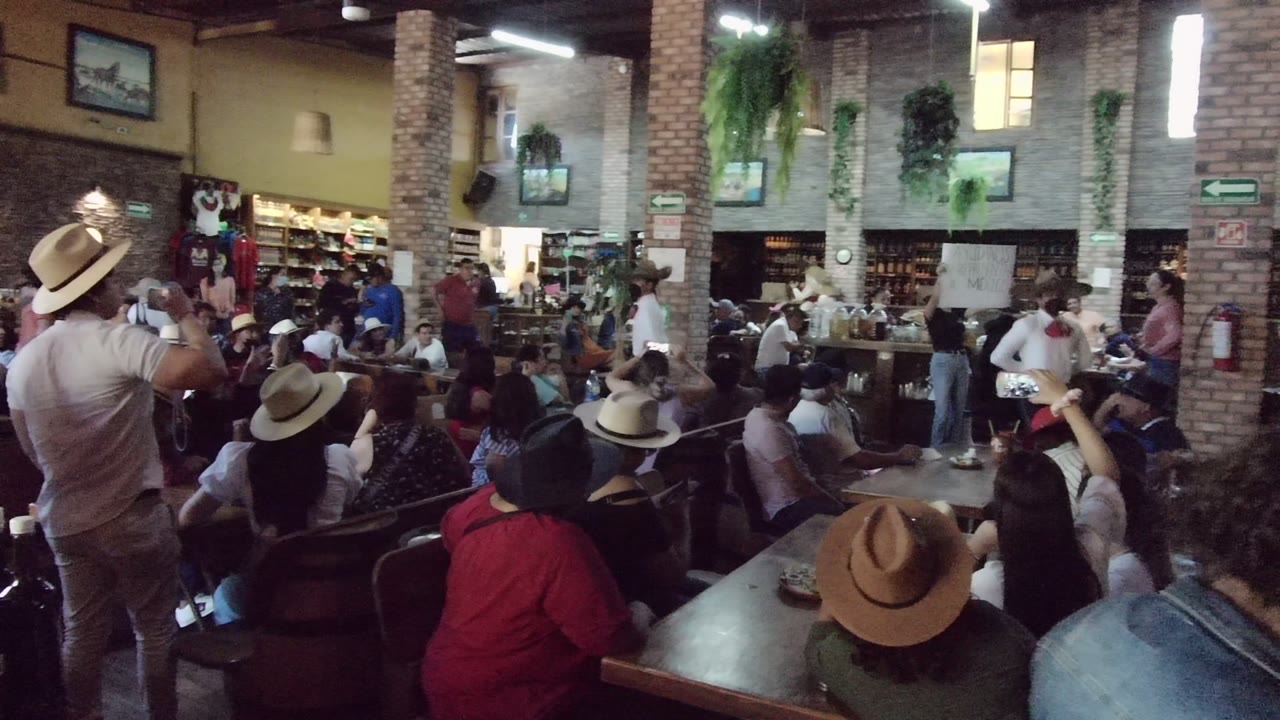Wide indoor workshop scene in Tequila, Jalisco, with several hat-wearing attendees, a whiteboard at the front, brick columns, plants, and shelves along the back wall.