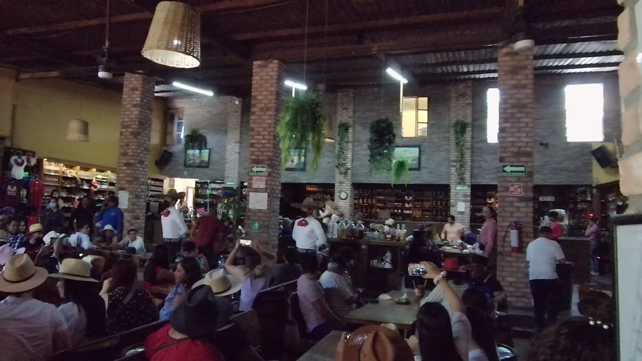 Busy restaurant interior with people seated and standing near a bar area.
