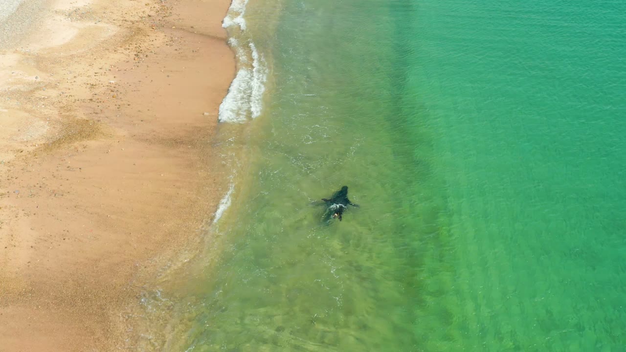 At Los Frailes in Baja California Sur, an overhead frame shows tan sand at left, small waves at the shore, and a distant person just offshore in clear green-blue water.
