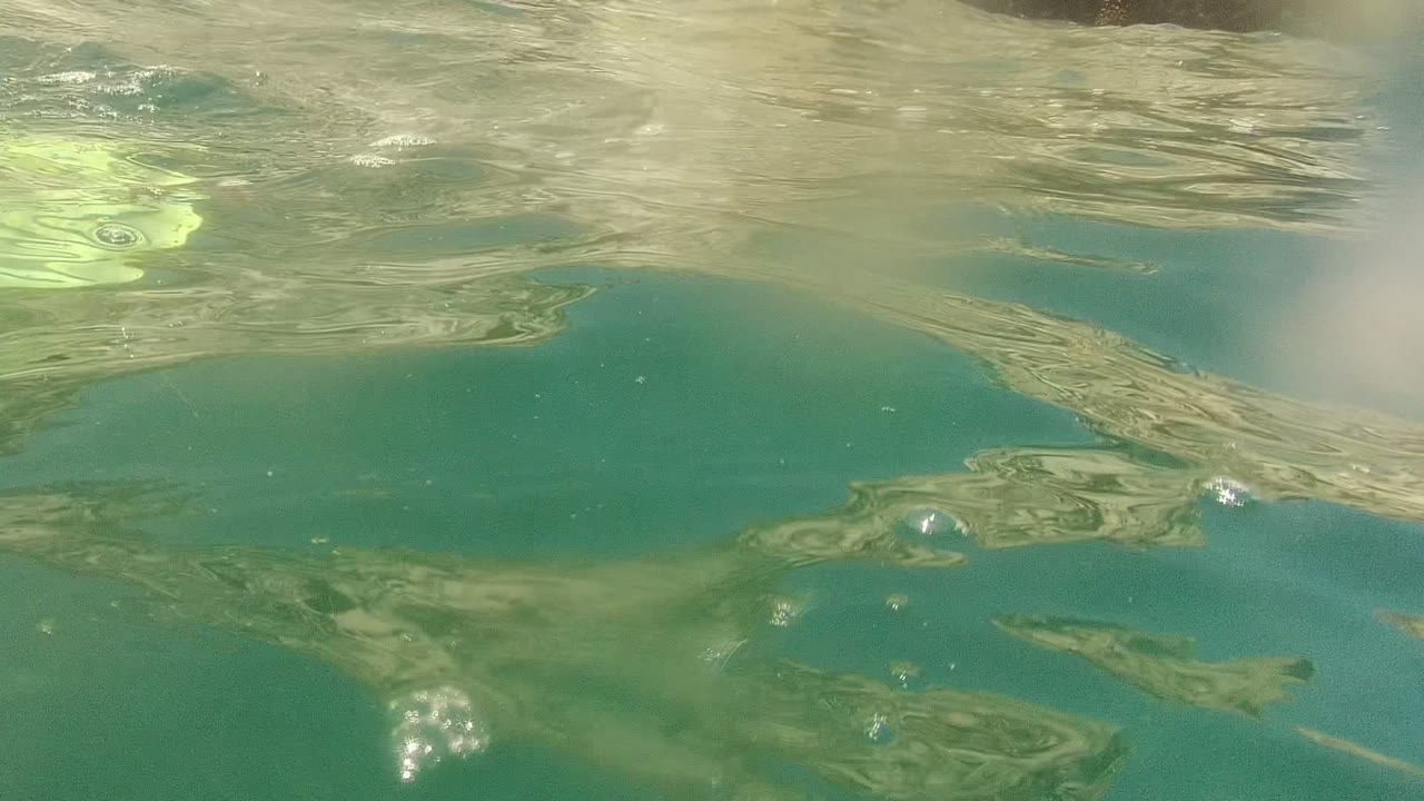 Surface-level turquoise water in Cabo Pulmo reflects pale rocks and sunlight near the shoreline, with no visible people in this opening frame.