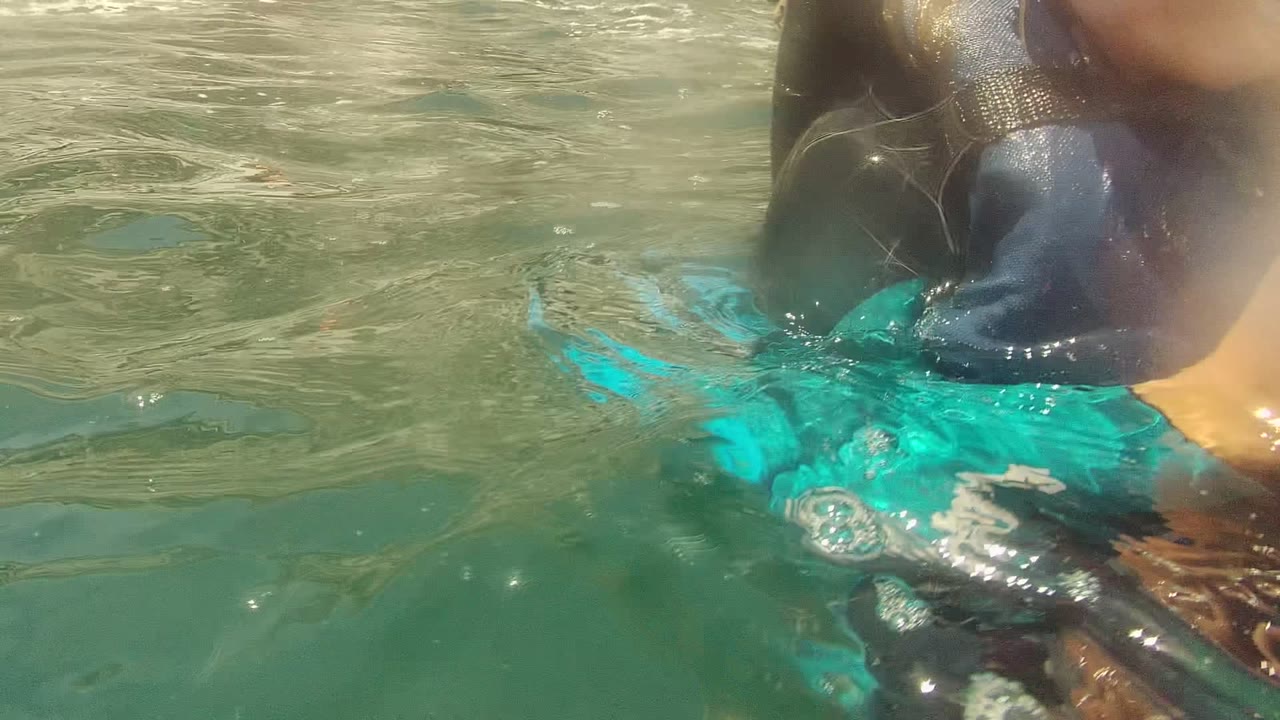 Snorkeler partly visible at the water surface with life vest and clear ocean around them.