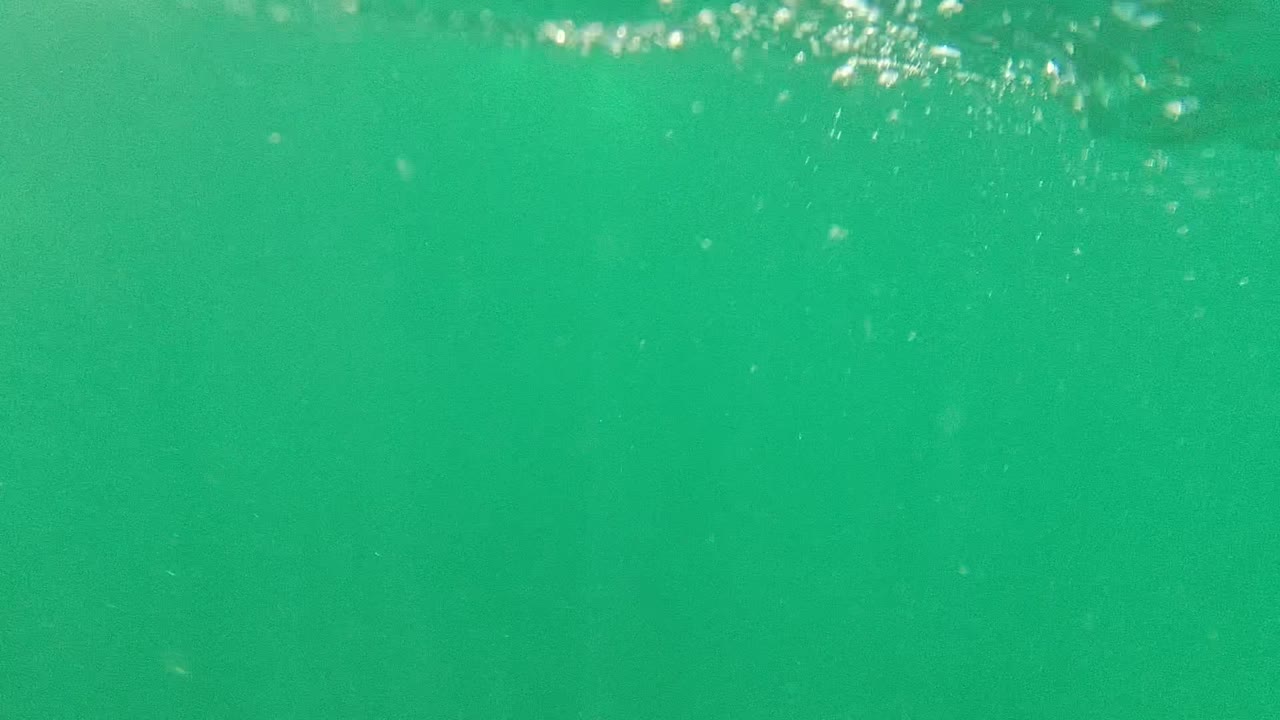 Underwater view in Cabo Pulmo, Mexico, with turquoise-green water, small bubbles near the upper edge, suspended particles, and no visible people.