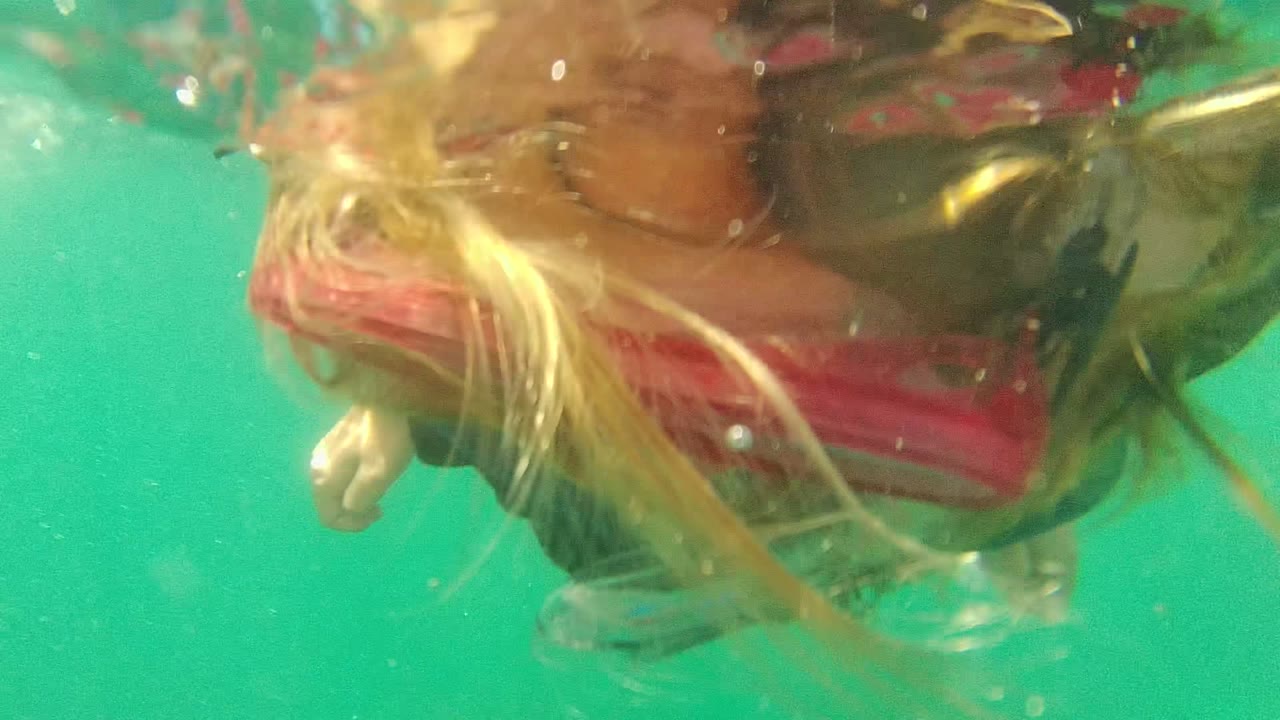 Snorkeler underwater with hair and pink mask near the surface.