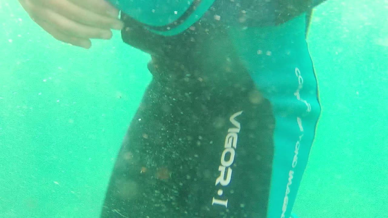 A close underwater view in Cabo Pulmo shows a partial swimmer in a black wetsuit passing near the lens in bright turquoise water.