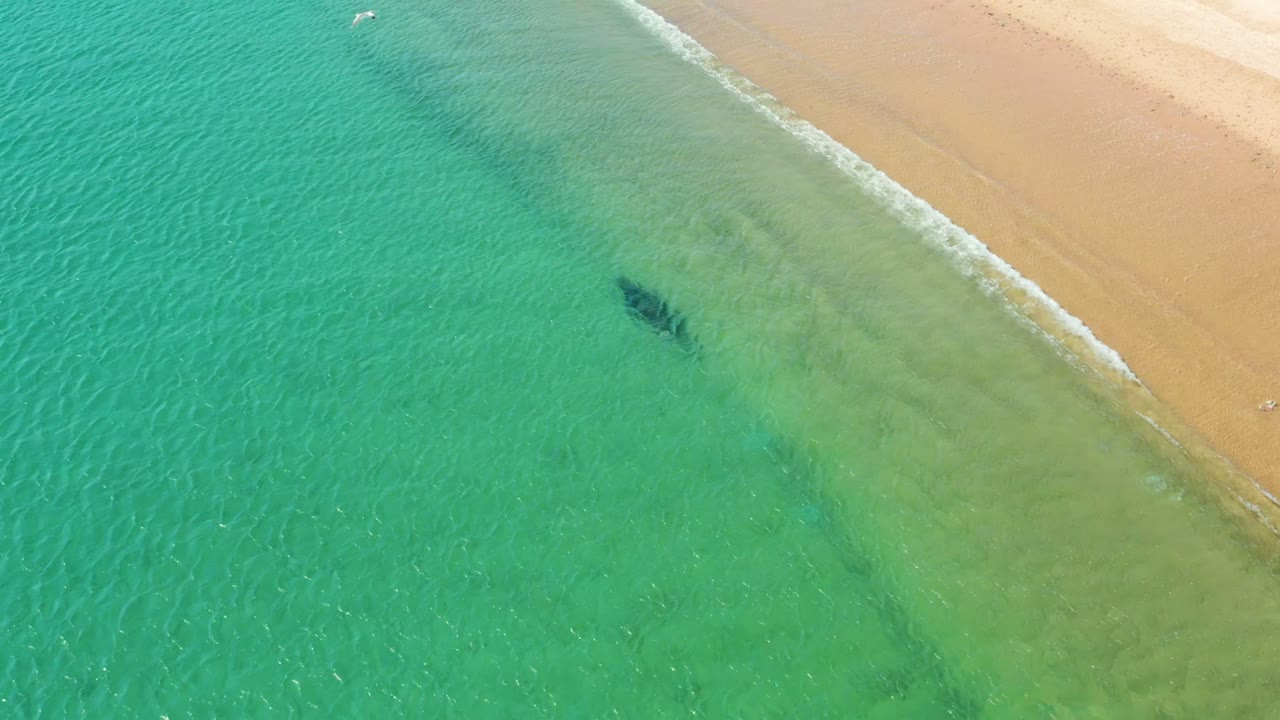 Clear green-blue water and sandy beach with surf along a diagonal shoreline