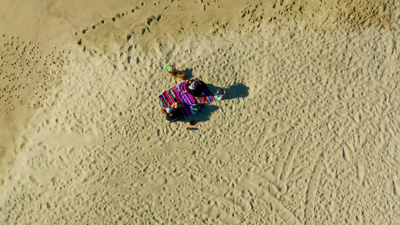 Overhead frame in La Fortuna, Baja California Sur, showing a person on a colorful striped beach blanket with a dog nearby on footprint-marked sand.