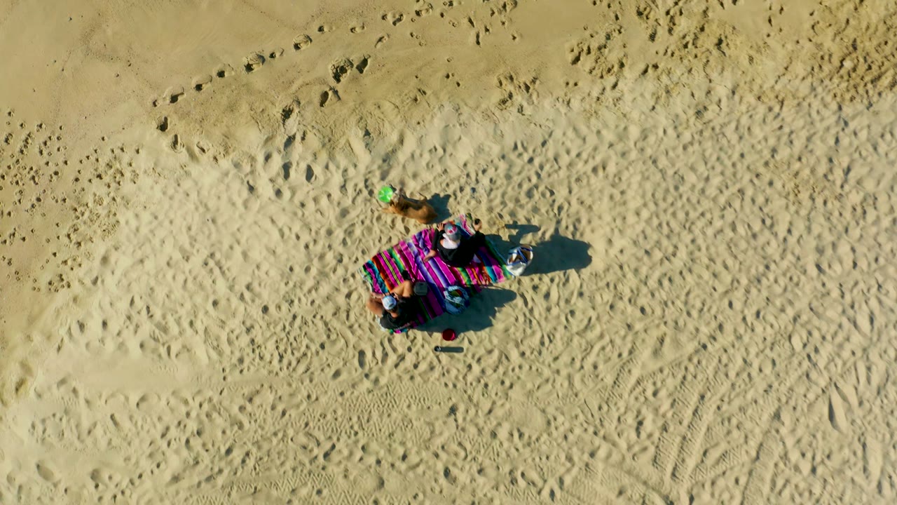 Top-down La Fortuna beach frame where the dog remains beside the colorful blanket and visible person, surrounded by scattered footprints and tire-like marks in the sand.