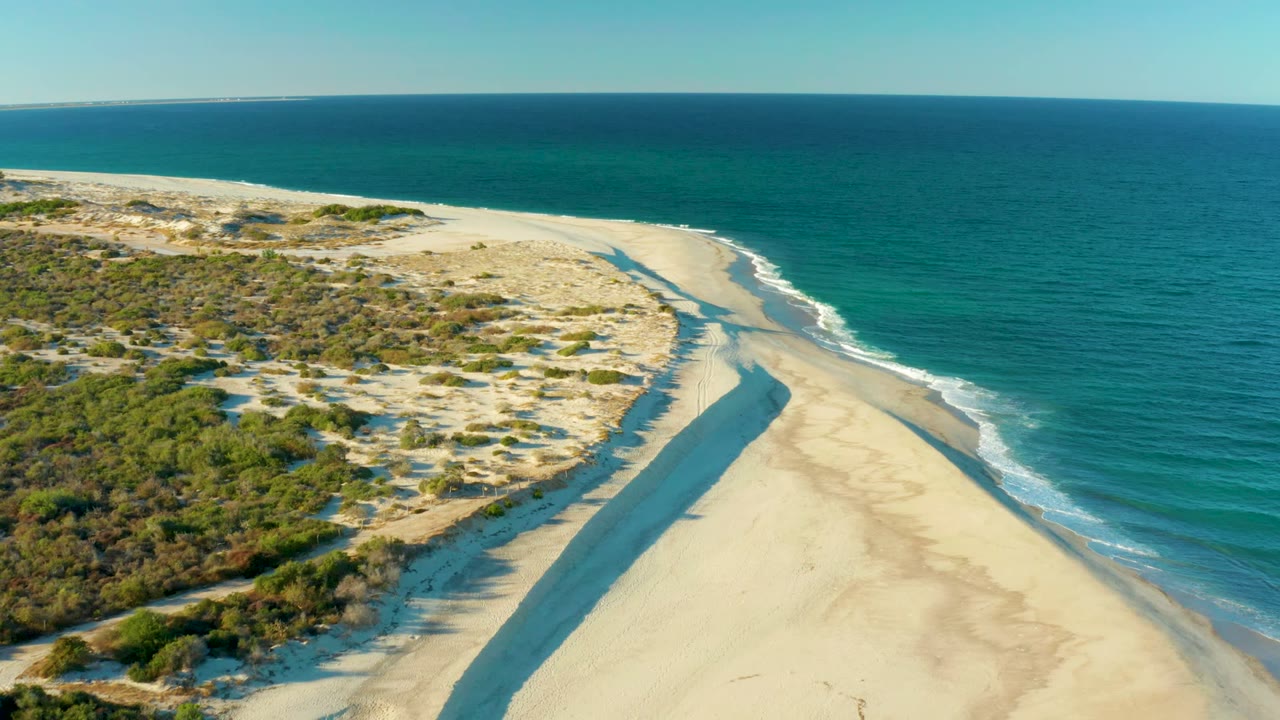 Drone view of beach ridge, dunes, and ocean surf