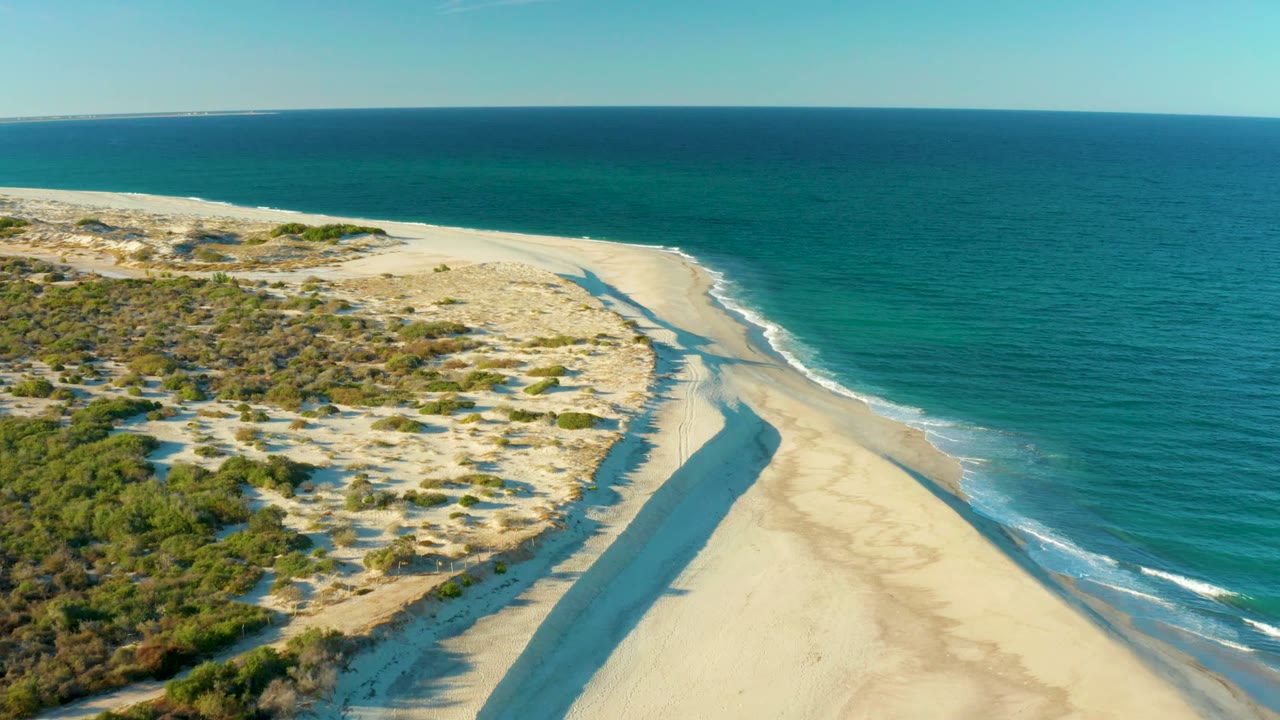 Beach and dunes seen from above with ocean horizon