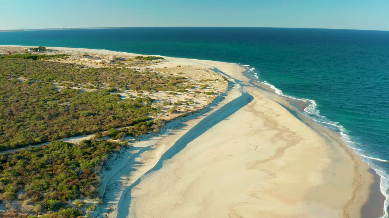 Aerial coastline with dunes on the left, sand bar center, and ocean on the right