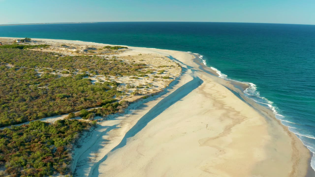 Drone view over Las Barracas showing the sandy point reaching along the coast, dune vegetation behind it, small white surf lines, and no visible people.