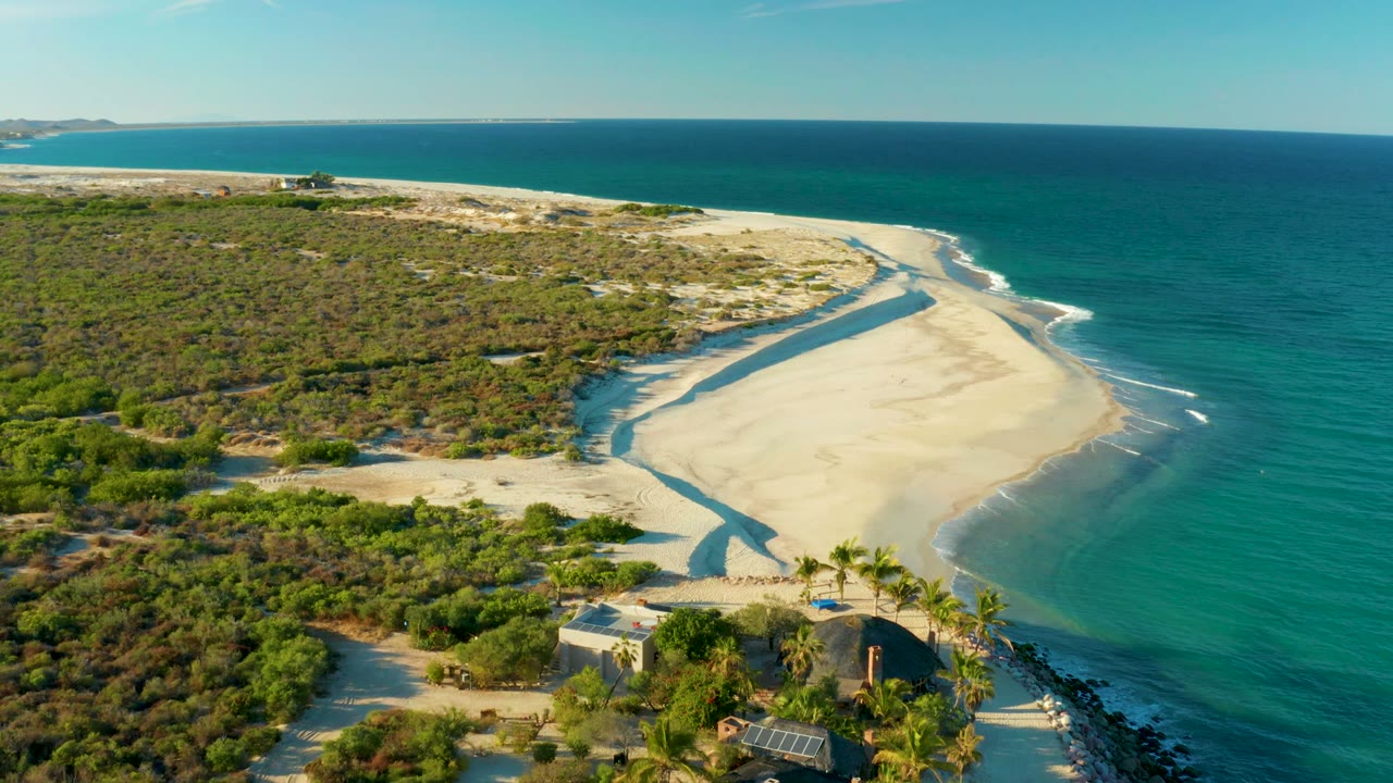 High aerial frame over Las Barracas showing scrubland on the left, a broad pale beach and channel in the center, turquoise ocean on the right, and foreground palms around small coastal buildings.