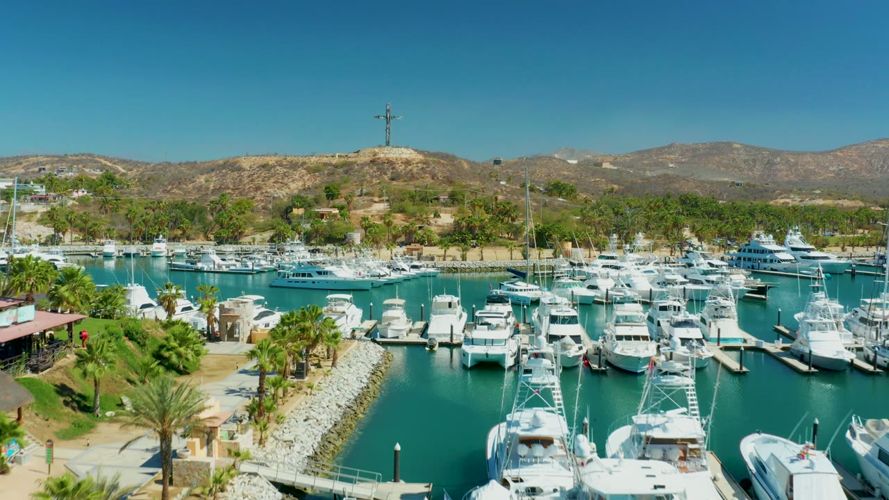 Wide aerial view of yacht slips, marina water, palms, and arid hills.