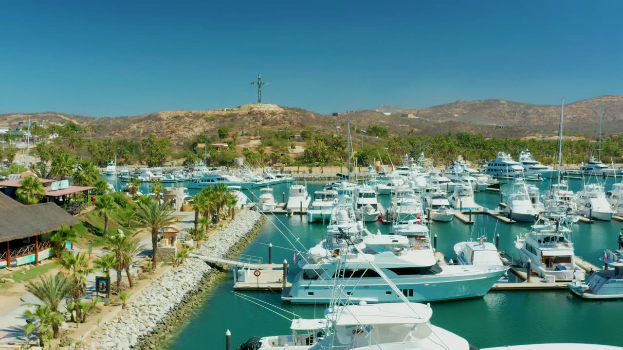 Puerto Los Cabos marina seen from an elevated wide angle with white yachts in turquoise water, palm trees along the rocky shore, dry hills beyond, and no visible people.