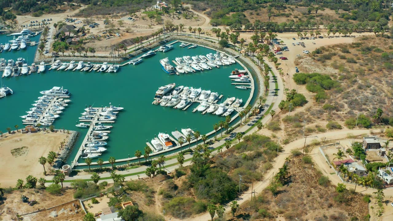 High aerial view of boats docked in a turquoise marina beside a palm-lined road and sandy lots.