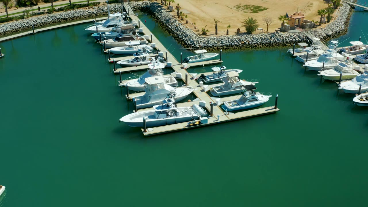 Aerial frame over Puerto Los Cabos marina showing white boats docked along piers, green harbor water, a stone breakwater, sandy shore, palms, and no visible people.