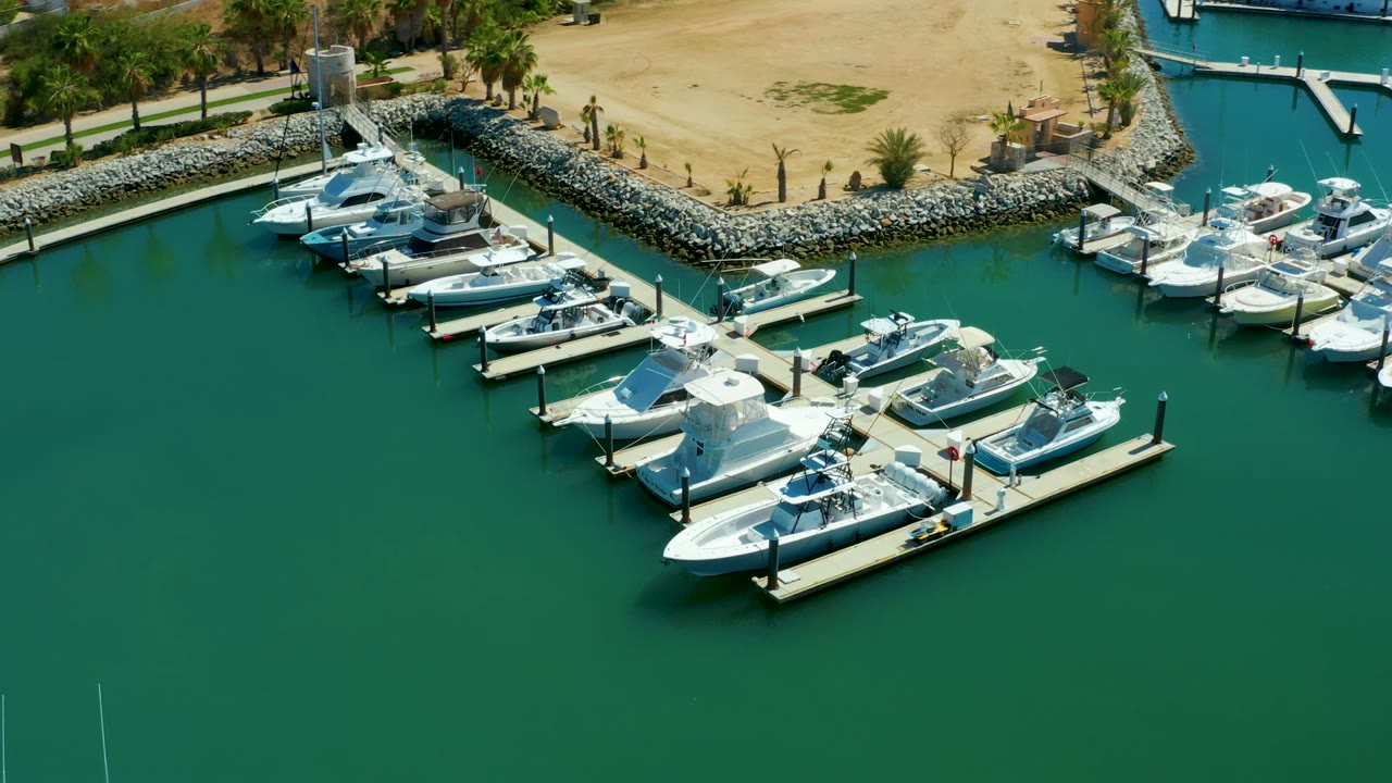 Opening overhead view of Puerto Los Cabos marina with white boats tied to piers, green-blue water below, sandy shore and palms at the top, and no visible people.