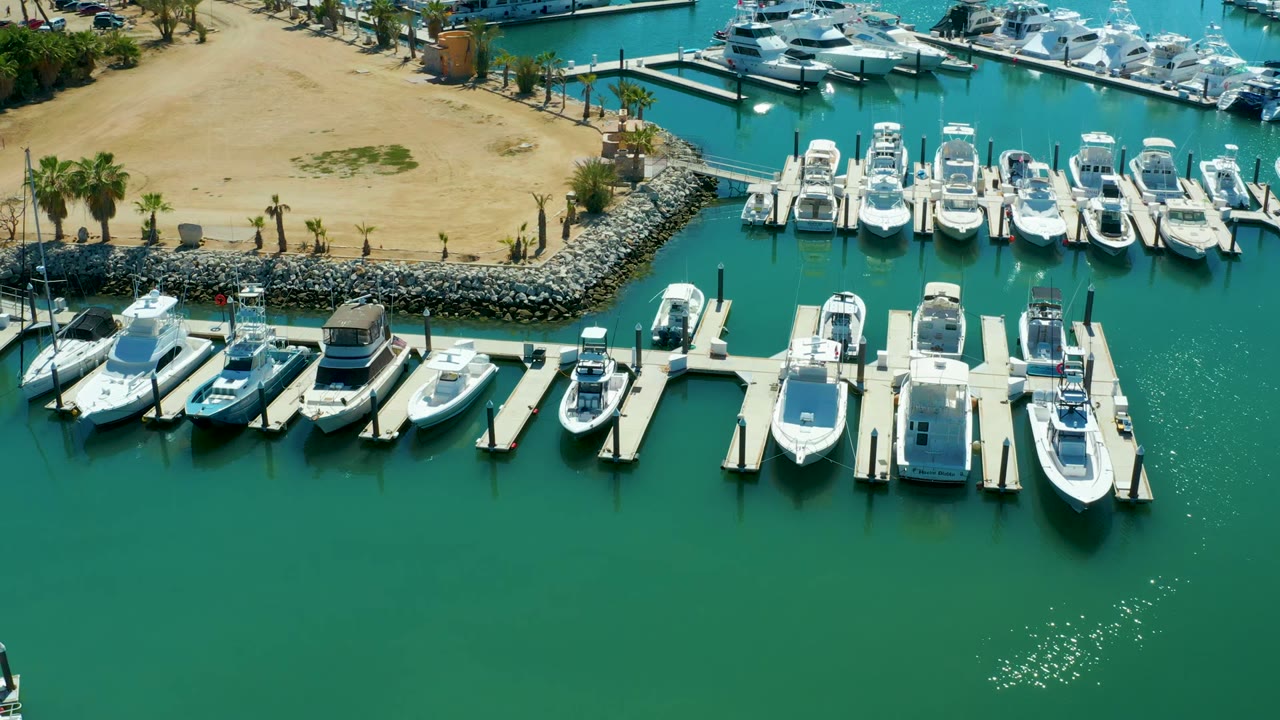 Aerial frame over Puerto Los Cabos marina showing rows of white boats at docks, green water below, sandy shoreline and palms above, with no visible people.