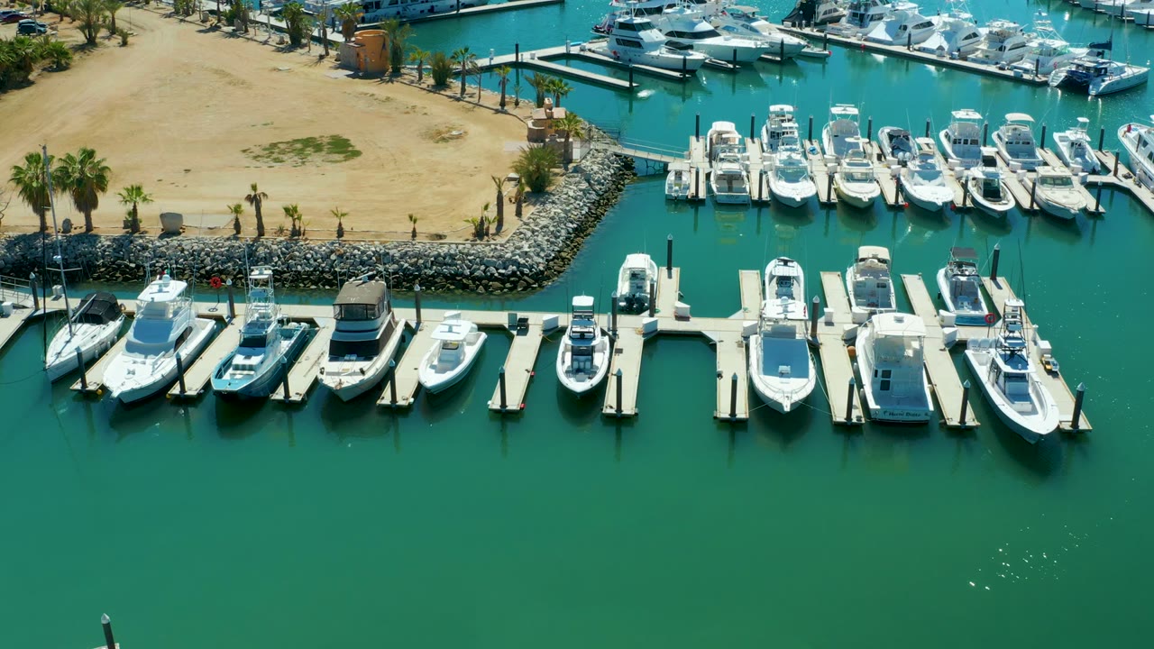 Overhead marina frame with rows of boats, docks, palms, and rippled water.