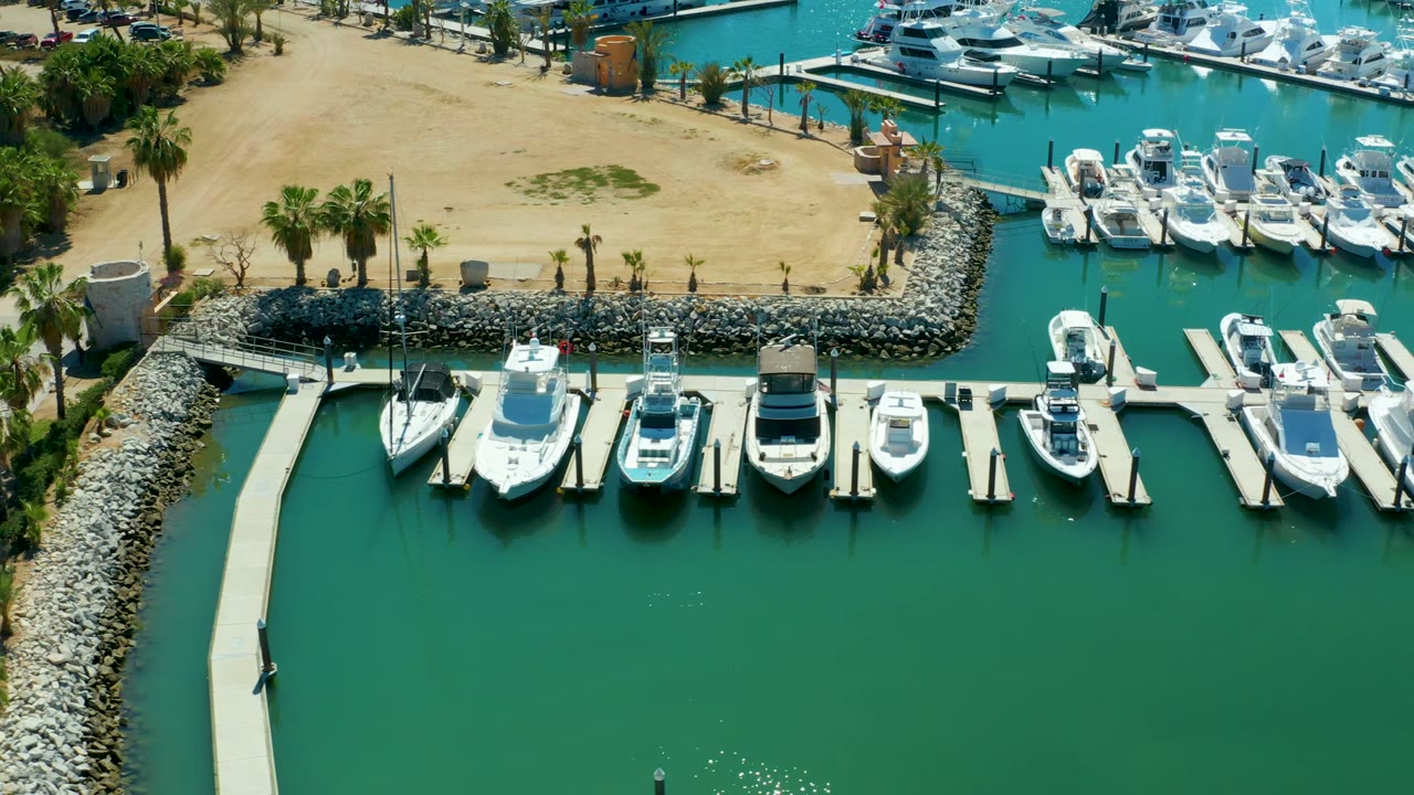 Aerial Puerto Los Cabos marina frame with moored white boats across the middle, open green water below, palm trees and sandy land above, and the small dock walker near the lower left edge.