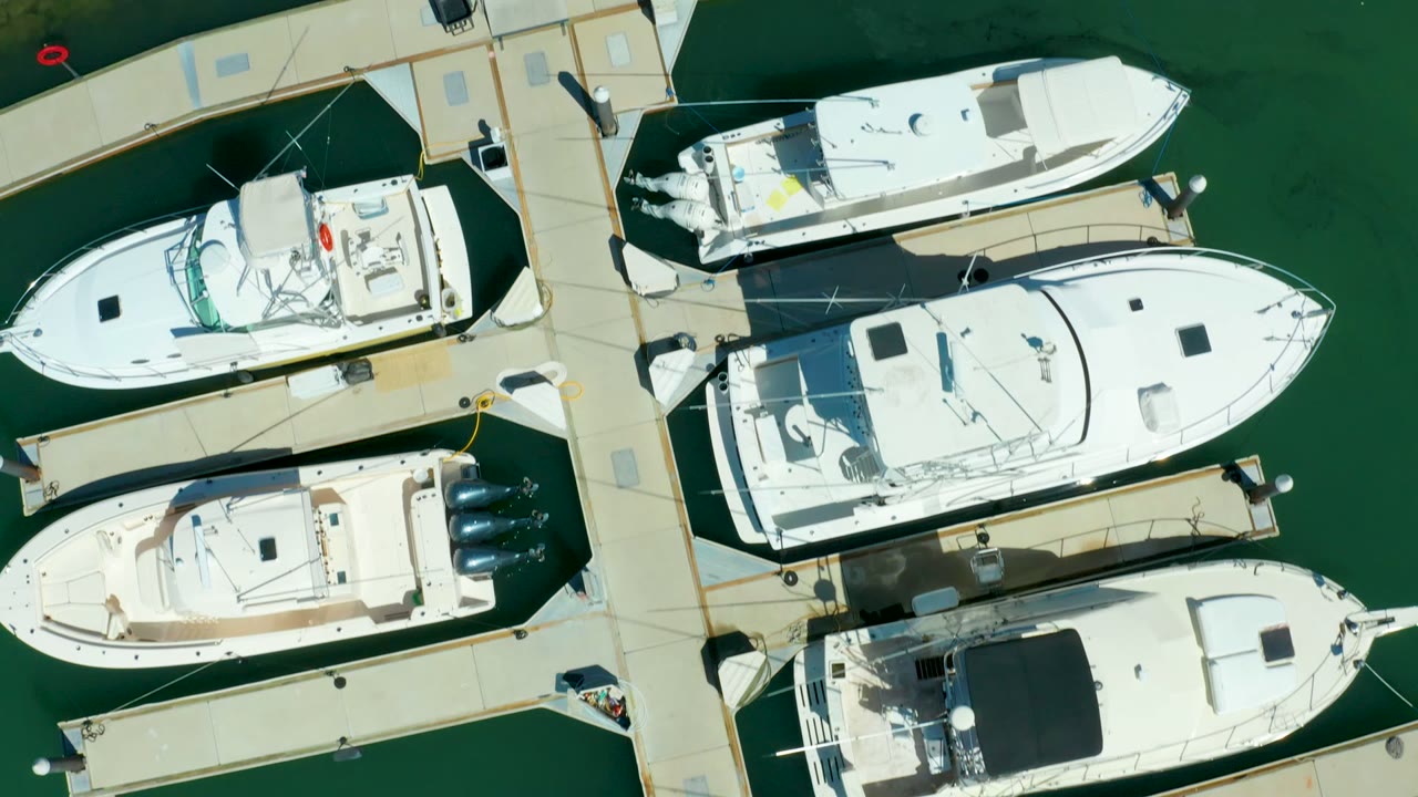 White yachts and dock fingers seen from above.