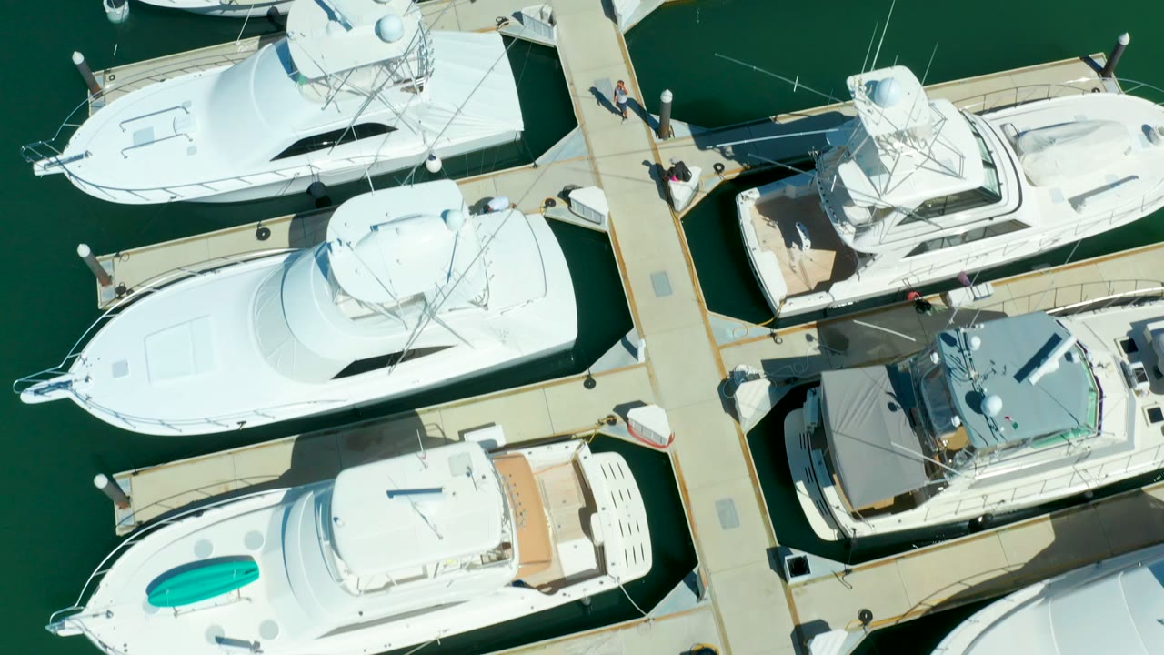 White yachts and dock walkways seen from directly overhead.