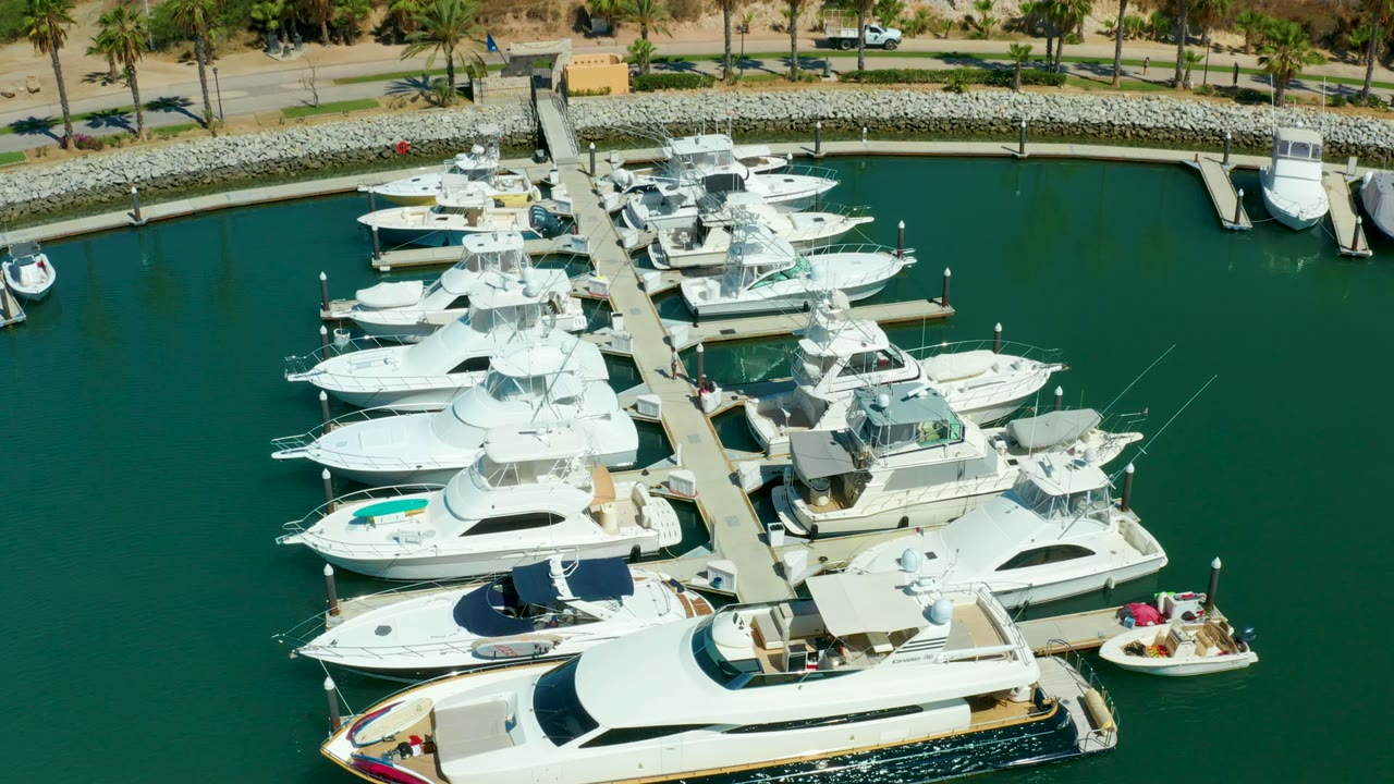 Rows of white yachts moored along a central marina dock in green water.