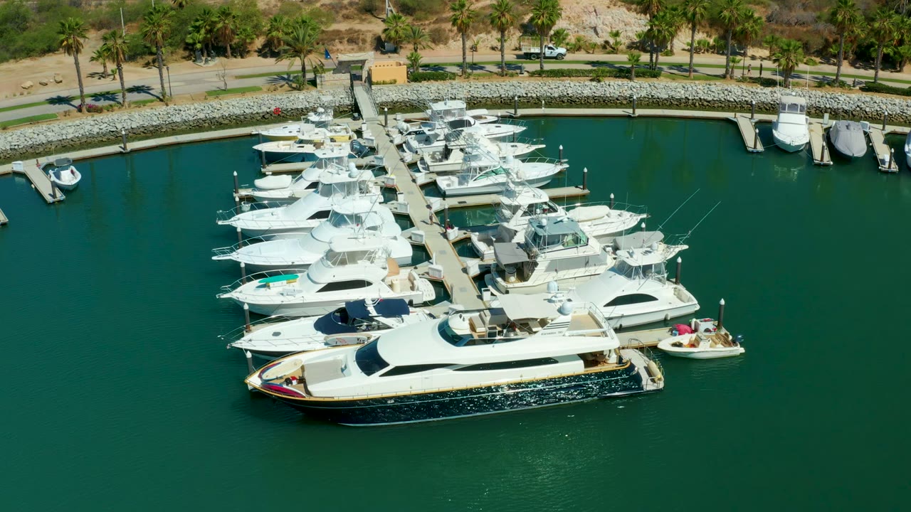 High aerial frame of Puerto Los Cabos marina with yachts grouped beside the dock, a few smaller boats at the edges, a rock seawall, palm-lined road, and no visible people.