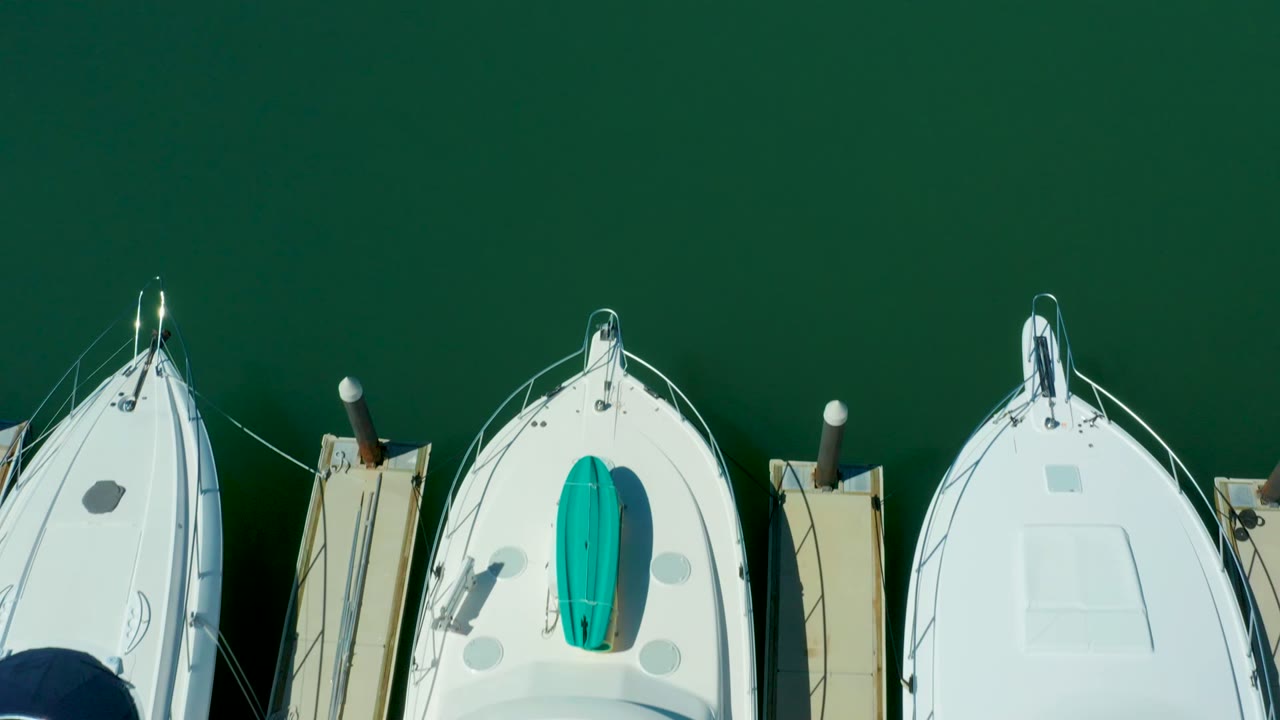 Top-down marina view with white boat bows, docks, and green water filling the frame.