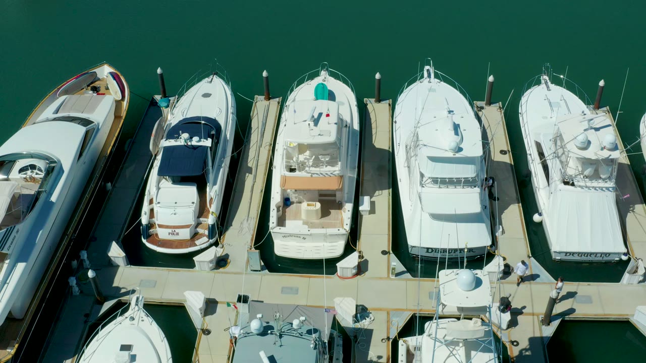 Aerial marina dock with white yachts and people moving along the walkway.