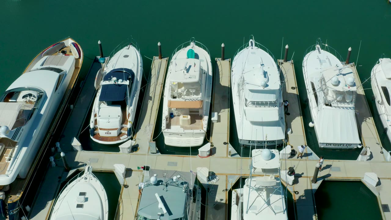 Aerial overhead frame in Puerto Los Cabos with docked white vessels, calm green water, bright sun, and no visible people.
