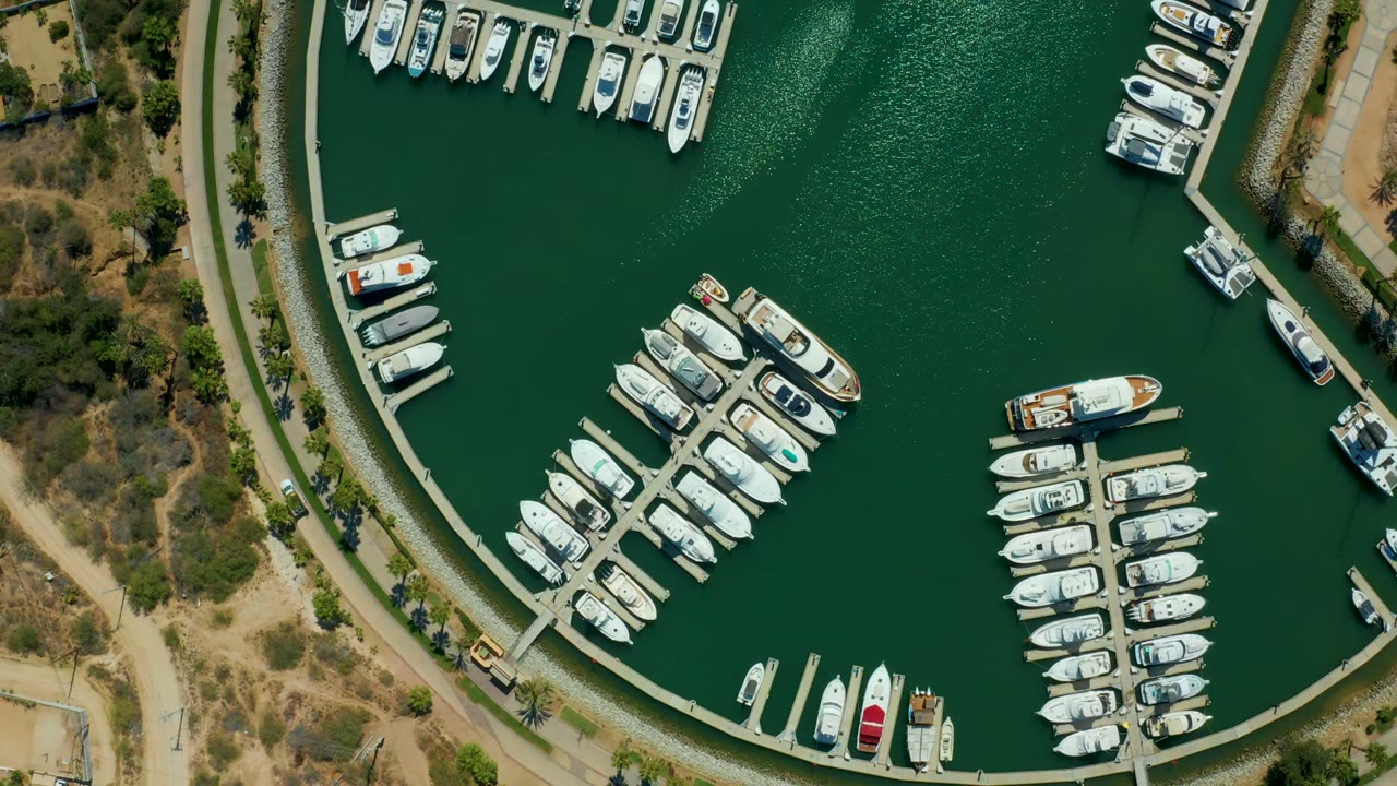 Aerial marina view with boats moored along finger docks beside green water.