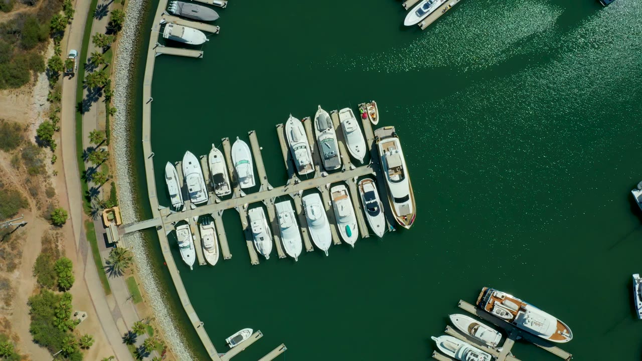 Overhead view of Puerto Los Cabos marina with white boats tied to a central dock, green water around them, a curved shoreline road at left, and no visible people.