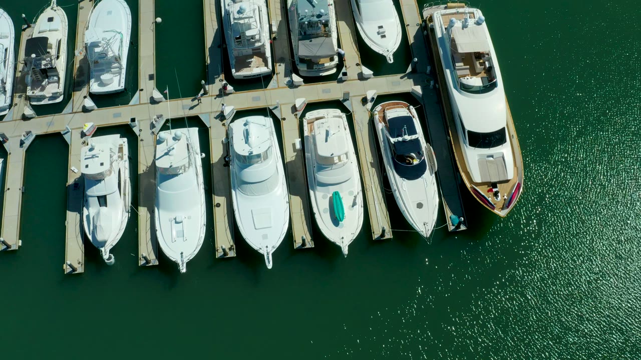 Top-down marina view with moored boats and open green water below.