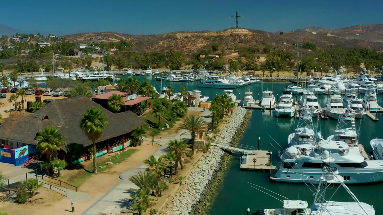 Aerial view over Puerto Los Cabos marina with white yachts, rock breakwaters, palm-lined paths, a thatched-roof building, dry hills, and no visible people.