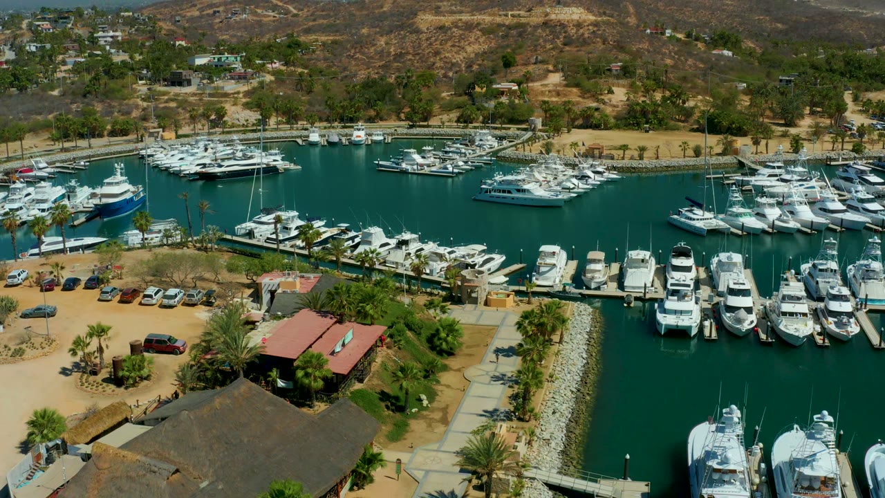Aerial marina view with rows of white boats, parking area, palms, and hillside background.