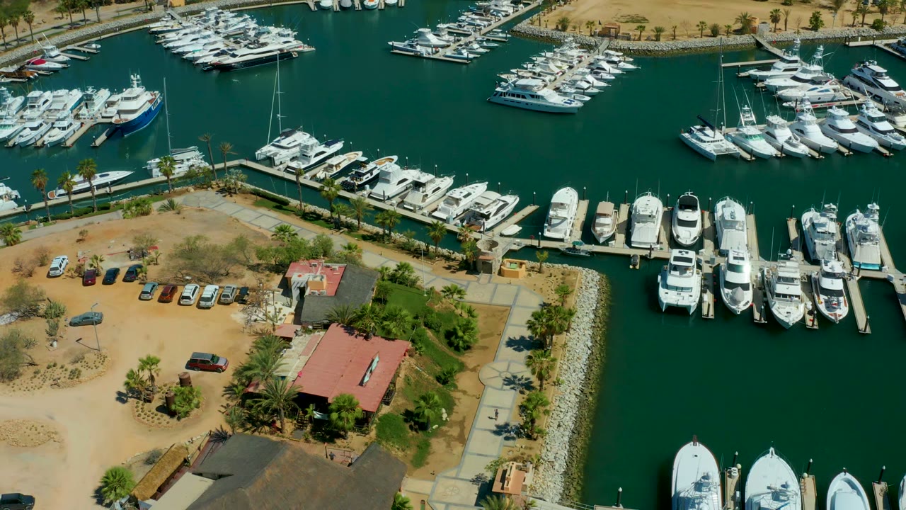A high aerial frame of Puerto Los Cabos marina shows white yachts lined along slips, palm trees near the shore, a small parking area, red roof detail, and no visible people.