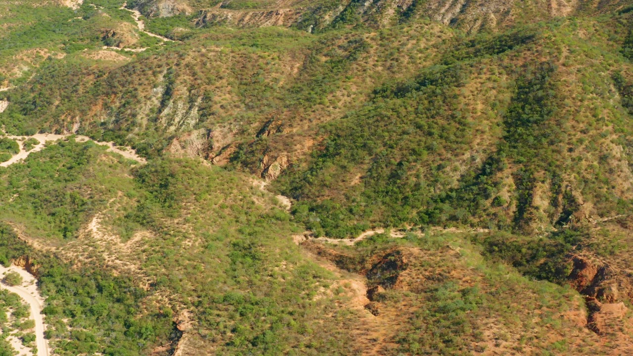 Rugged green hillside with dry gullies and a dirt road curve