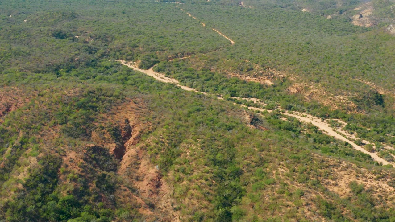 Small vehicle on a pale dirt road through hilly vegetation