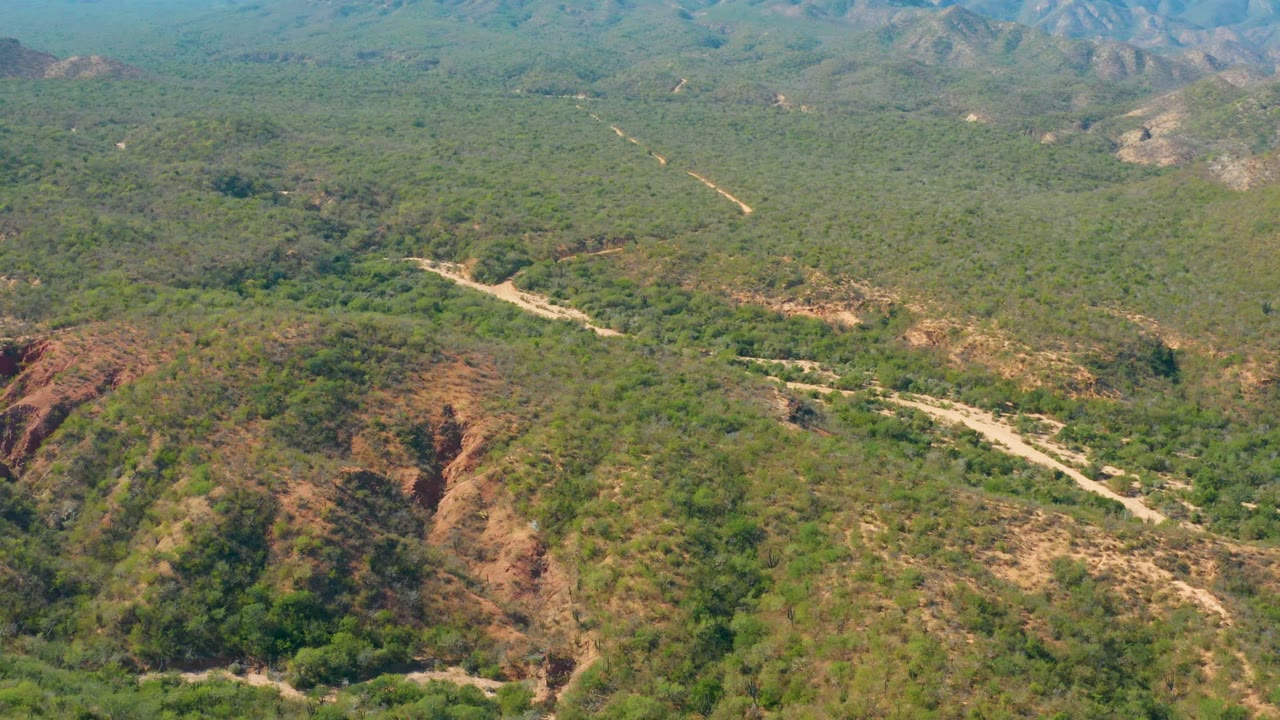 Aerial landscape over El Salado Viejo, Los Cabos, where a winding dirt road threads between green ridges and reddish eroded hillsides, with no visible people.