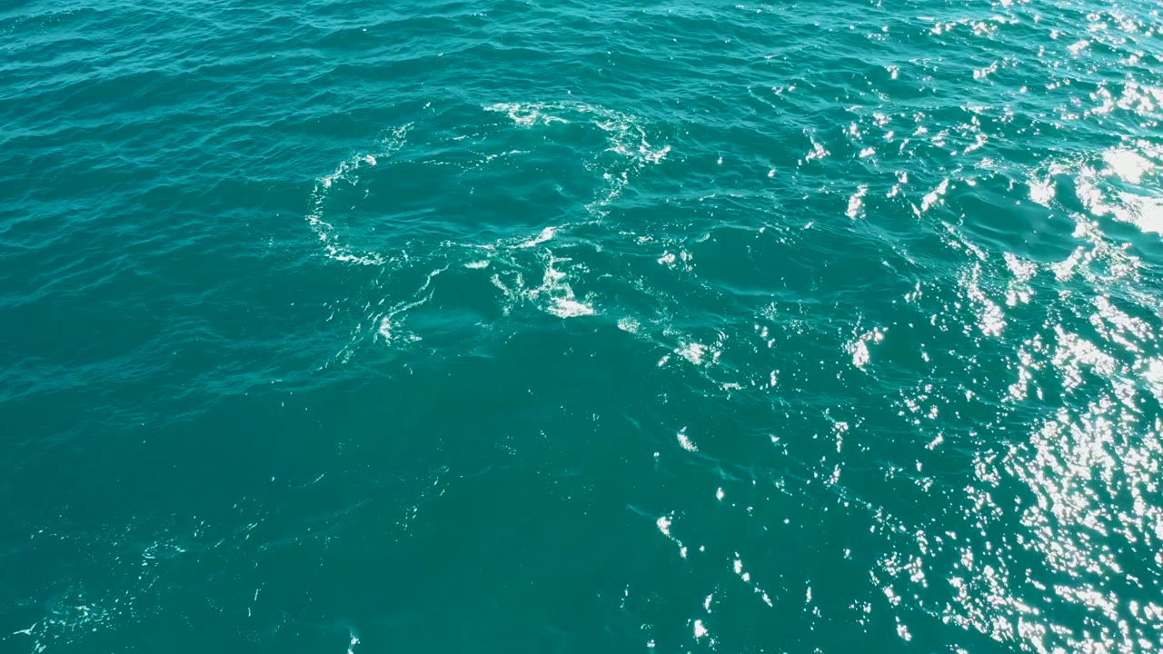 Open turquoise water with circular foam marks and bright reflected sunlight.